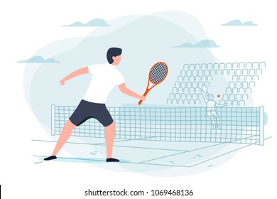 Vector illustration - tennis game. Man with racket on background with court. Banner, poster template with place for your text.