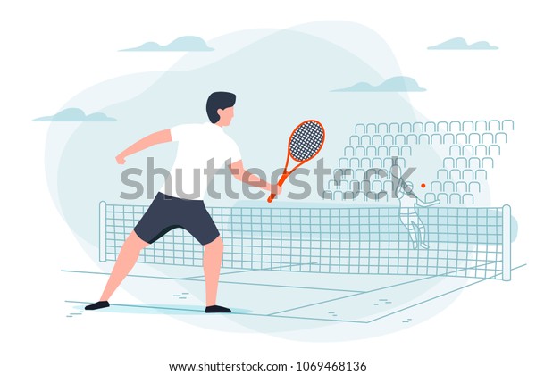 ベクターイラスト テニスのゲーム コートの背景にラケットを持つ男性 バナー テキスト用のポスターテンプレート のベクター画像素材 ロイヤリティフリー