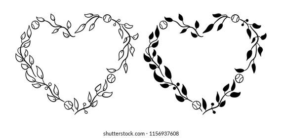 Vector illustration for Tennis, leaf, romantic black heart, frame for your text, separately, scrapbooking, decor wreath. Frame for Valentine's day. Element for greeting card, print for t-shirt.