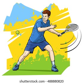 Vector illustration of a tennis player. Beautiful sport themed poster. Male tennis player posing with racket