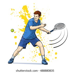 Vector illustration of a tennis player. Beautiful sport themed poster. Male tennis player posing with racket