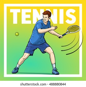 Vector illustration of a tennis player. Beautiful sport themed poster. Male tennis player posing with racket