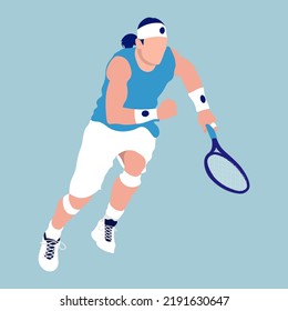 Vector illustration of tennis player character design. Flat isolated vector illustration. Flat illustration with professional tennis player on sky blue background for design of tennis sport match or s