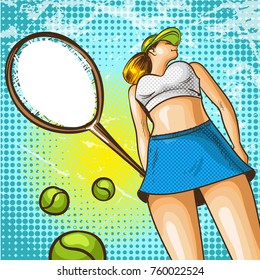 Vector illustration of tennis player female. Beautiful young woman with tennis racket in retro pop art comic style.