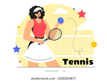 Ilustración vectorial de un jugador de tenis sosteniendo una raqueta con una pelota en la cancha durante un partido deportivo en un fondo plano de estilo de dibujos animados