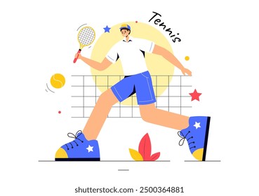 Vector Illustration of a Tennis Player Holding a Racket with a Ball on the Court During a Sports Match in Flat Cartoon Style Background