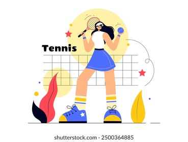 Ilustración vectorial de un jugador de tenis sosteniendo una raqueta con una pelota en la cancha durante un partido deportivo en un fondo plano de estilo de dibujos animados