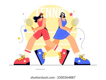 Vector Illustration of a Tennis Player Holding a Racket with a Ball on the Court During a Sports Match in Flat Cartoon Style Background