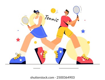 Vector Illustration of a Tennis Player Holding a Racket with a Ball on the Court During a Sports Match in Flat Cartoon Style Background