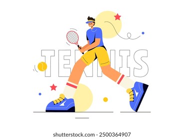 Ilustración vectorial de un jugador de tenis sosteniendo una raqueta con una pelota en la cancha durante un partido deportivo en un fondo plano de estilo de dibujos animados