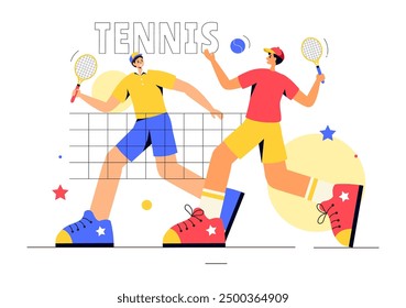 Vector Illustration of a Tennis Player Holding a Racket with a Ball on the Court During a Sports Match in Flat Cartoon Style Background