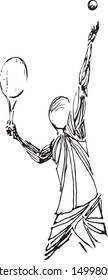 Vector illustration of a tennis player in the serve position, arms extended with racket and ball. Dynamic sketch style capturing motion, form, and energy in a minimalist composition.