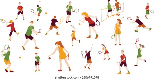 Vector illustration of tennis players with a racket involved in sports. Men, women, teenagers hold a racket and hit the ball while playing tennis. Cartoon characters set.