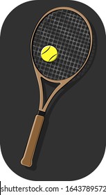 vector illustration tennis racket angled with a yellow ball in the foreground with shadows on a dark gray background