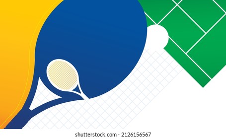 Vector illustration of tennis racket and ball on court. Sport background design.