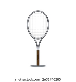 Vector illustration of a tennis racket with a brown grip and silver frame, ideal for sports designs, equipment guides, or game-related visuals.
