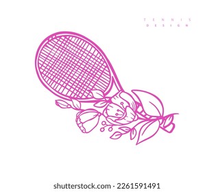 Vector illustration of a tennis racket and flowers. Print design for a T-shirt.