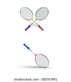 Vector illustration of a tennis racket. Private racket and two crossed rackets. Isolated objects.