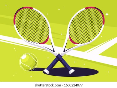 Vector illustration of tennis rackets with a ball lying on a tennis court