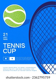 Ilustración vectorial de la plantilla de póster del torneo de tenis, imagen de la pelota de tenis y el raqueta en el afiche