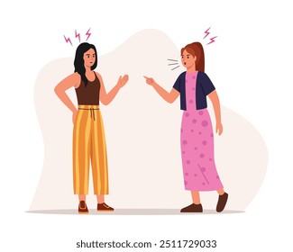  Vector illustration of a tense quarrel between girls.Cartoon scene of angry girls fighting, arguing, shouting, gesturing with their hands,lightning around them isolated on a white background.Conflict