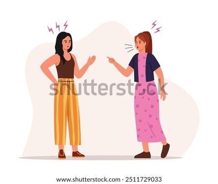  Vector illustration of a tense quarrel between girls.Cartoon scene of angry girls fighting, arguing, shouting, gesturing with their hands,lightning around them isolated on a white background.Conflict