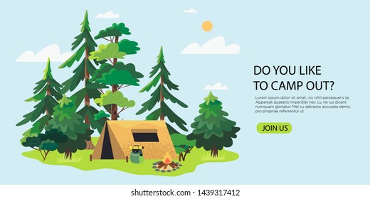 Vector illustration of a tent and a campfire on a sunny meadow in the wild forest. Cartoon style wallpaper, flyer, banner or landing page. Camping place for a campout in the wood near the water.