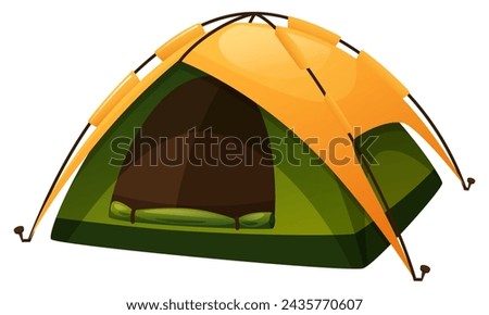 Vector illustration of a tent for camping, expedition, summer camp. The tent is in green and yellow, open and unfolded. Tent for hiking, fishing, hunting on a white background. Hiking equipment.