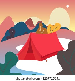 Vector illustration Tent of camping. view on mountains. Leaves. nature forest background