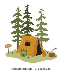 Ilustración vectorial de una tienda de campaña en un bosque. Tienda de campaña, mochila, hacha en un tocón, letrero de campamento de madera y pinos. Escena de camping al aire libre, composición de estilo plano, aislado sobre fondo blanco.
