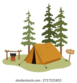 Ilustración vectorial de una tienda de campaña en un bosque. Tienda de campaña, fogata con olla colgante, letrero de campamento de madera y pinos. Escena de camping al aire libre, composición de estilo plano, aislado sobre fondo blanco.