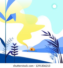 Vector illustration - Tent in forest and river Mountain landscape in a forest nature. art. river. background