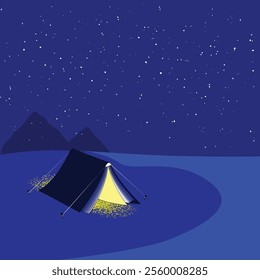 Vector illustration. Tent glows under starry sky, symbolizing warmth and comfort found within literature. Inspiration, and sense of adventure. Concept of knowledge, literature, education.