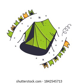 Vector illustration with tent. Isolated on a white background. Cute doodle illustrations.