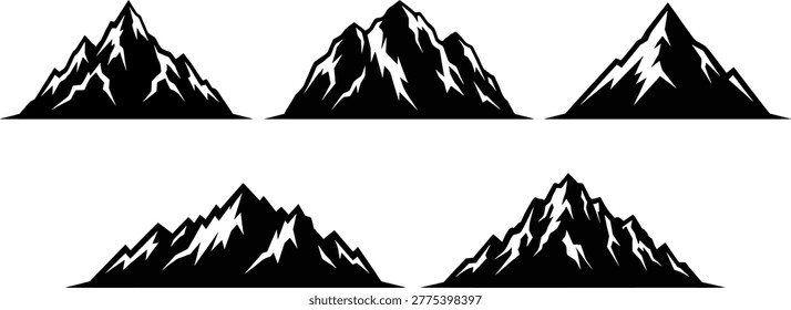 Vector illustration of a tent and set of camping icons among a set of trees in a cold winter nature landscape with white snow on a high mountain peak against a cloudy sky
