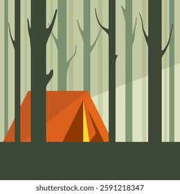 Vector illustration of a tent in the woods, surrounded by trees under a starry night sky. A perfect design for camping, adventure, outdoor exploration, and nature-themed projects