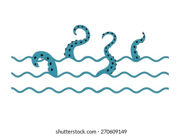 Vector illustration of tentacle octopus in the waves with inking