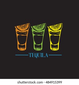 Vector illustration of tequila glasses made in hand drawn style. Vector template for business card, banner, poster and print.  Bar menu design. Cocktail party icon.