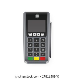 Vector illustration with terminal on white background. Mockup for concept design. Isolated vector illustration. Online store payment.