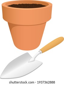 Vector illustration of a terra cotta pot filled with dirt along with a small gardening spade.