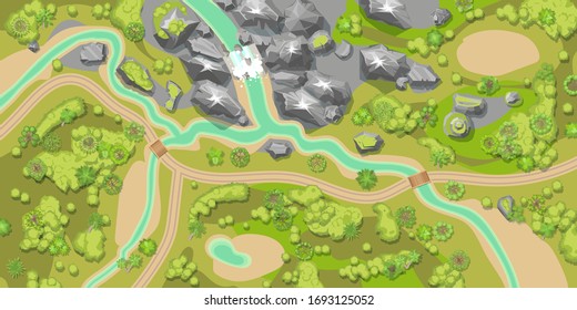 Vector illustration. The terrain. Top view. Mountains, river, sea, forest. View from above.