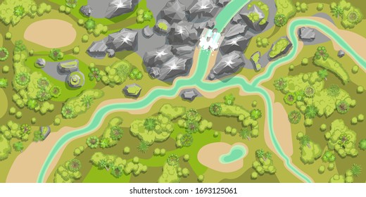 Vector illustration. The terrain. Top view. Mountains, river, sea, forest. View from above.