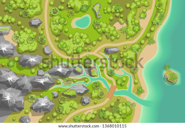 ベクターイラスト 地形 平面図 山 川 海 森 上から見る のベクター画像素材 ロイヤリティフリー