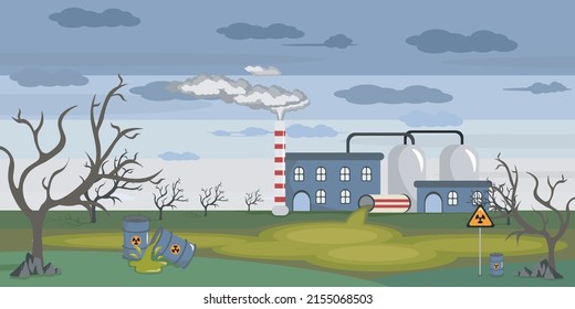 Vector illustration of a terrible ecology pollution. Cartoon illustration of ecology problems with factory pipes emitting smoke and making dirty air, water and chemicals polluted the environment.