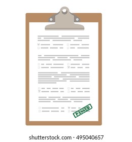 Vector illustration test, exam paper with green rubber stamp passed.  Answer of final exam concept. Score of test. Exam icon.  Paper on clipboard