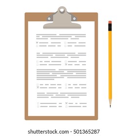 Vector illustration test, exam paper on clipboard and pencil. Exam, or survey concept icon. School test. School exam. 