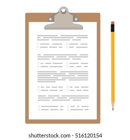 Vector illustration test, exam paper on clipboard and pencil. Exam, or survey concept icon. School test. School exam. 