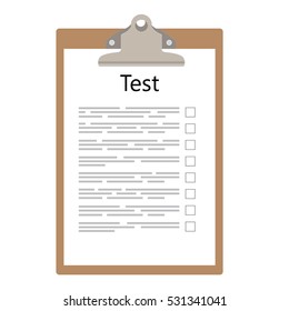Vector illustration test, exam paper on clipboard. Exam, or survey concept icon. School test. School exam. 