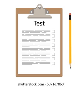 Vector illustration test, exam paper on clipboard and pencil. Exam, or survey concept icon. School test. School exam. 