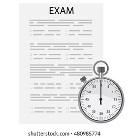 Vector Illustration Test Paper And Timer. Exam, Or Survey Concept Icon. School Test. School Exam. 